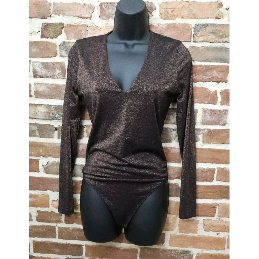 Abercrombie & Fitch Long Sleeve Seamless V-Neck Sparkle Bodysuit Leotard MEDIUM
